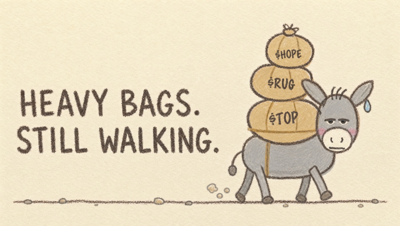 Hand-lettered: heavy bags, still walking, beside the donkey