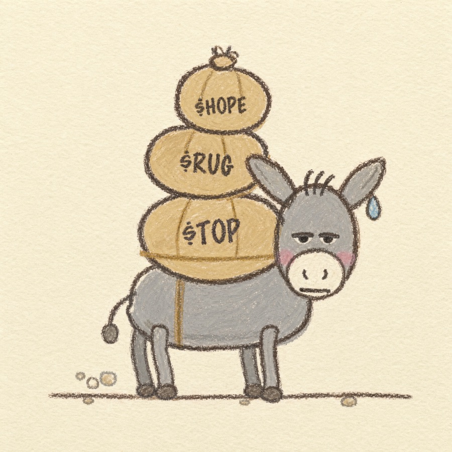 The donkey walking with three sacks stacked on his back